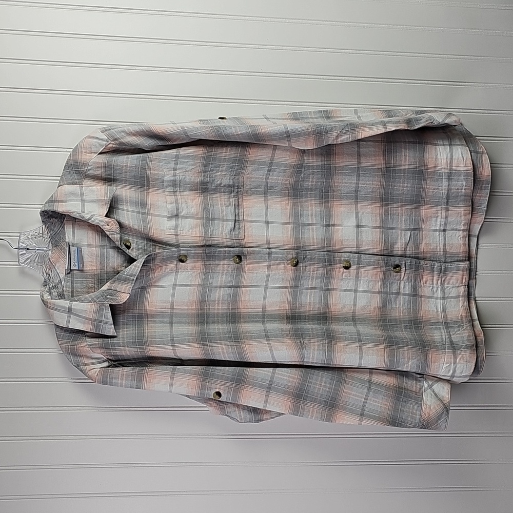 Columbia Women’s Plaid Button-Front Shirt • Size L • Pastel Neutrals